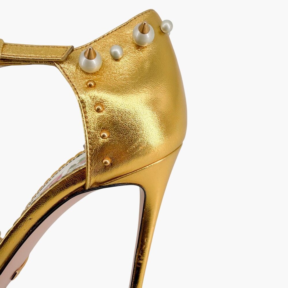 Gucci Regina Metallic Gold Pearl Studded T-Strap Heels Bee GG Size 37.5 US 7.5 - Picture 9 of 15